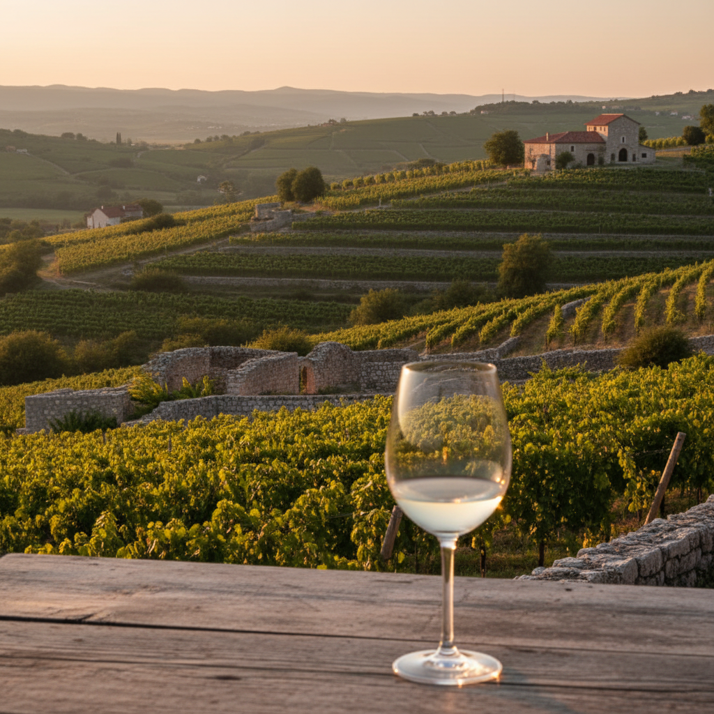 Vinhedo ensolarado na Bósnia e Herzegovina com taça de vinho em primeiro plano, mostrando a beleza da paisagem vinícola local.