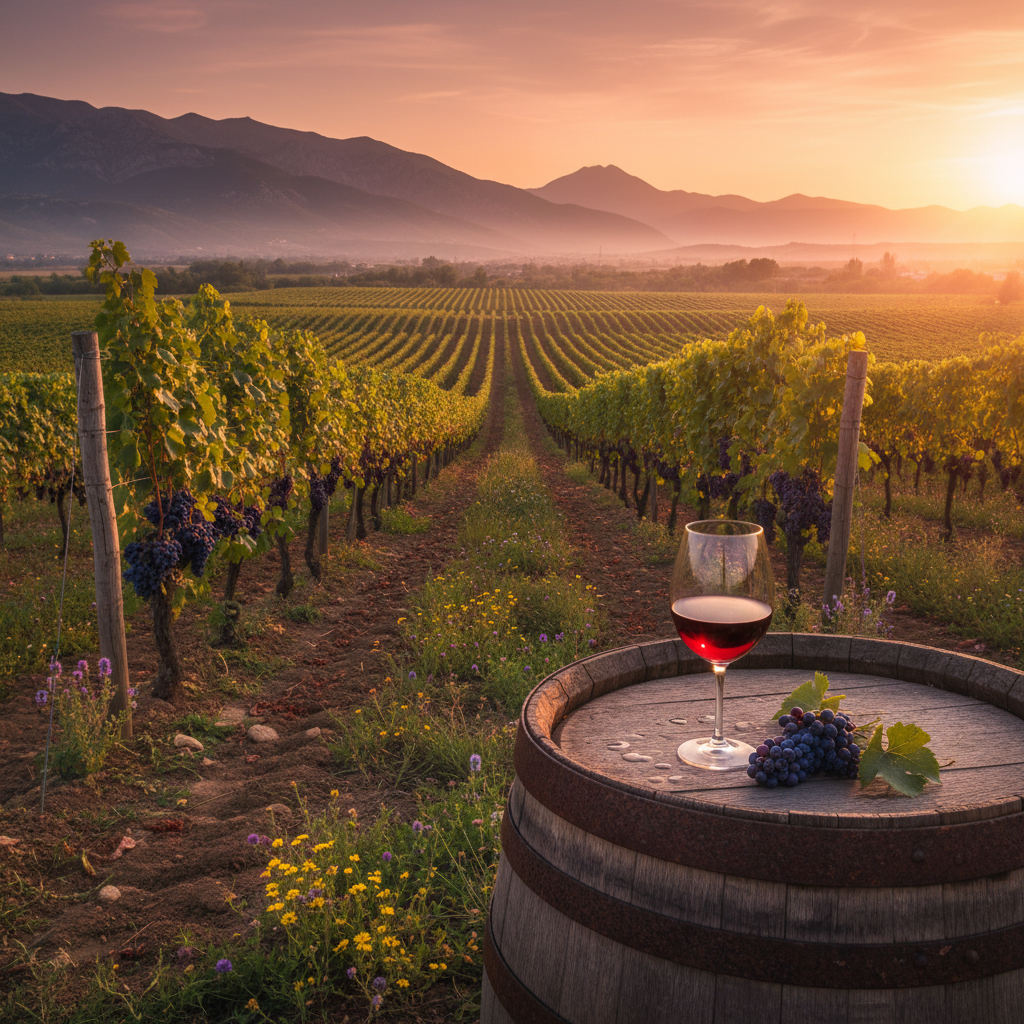 Vinhedo ensolarado na região de Herzegovina, Bósnia e Herzegovina, com uma taça de vinho repousando sobre um barril de madeira em primeiro plano.