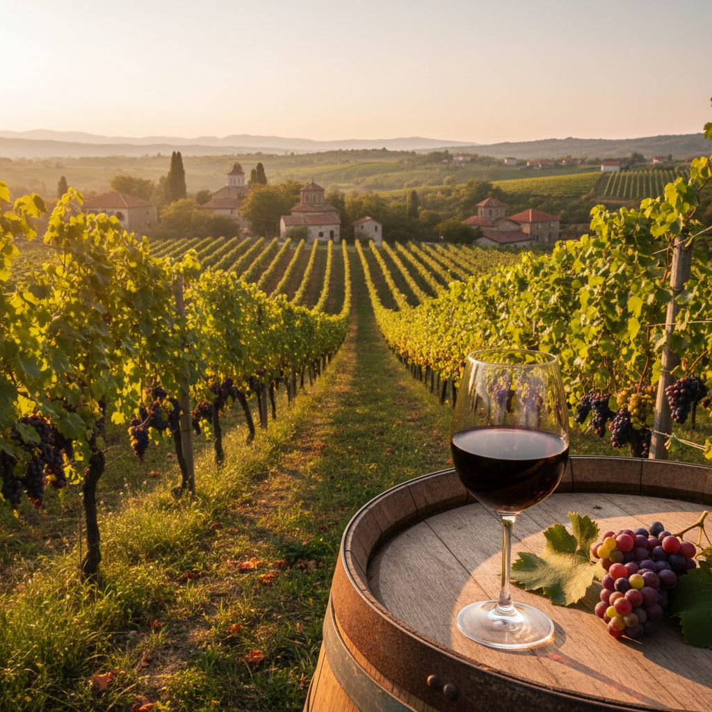 Vinhedo ensolarado na Bósnia e Herzegovina com taça de vinho tinto sobre barril de madeira rústico, refletindo o potencial vinícola da região.