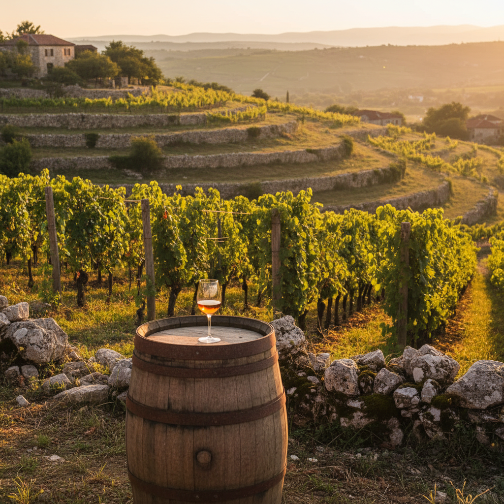 Vinhedo ensolarado na Herzegovina com muros de pedra antigos e colinas, com um barril rústico e taça de vinho refletindo a luz dourada.
