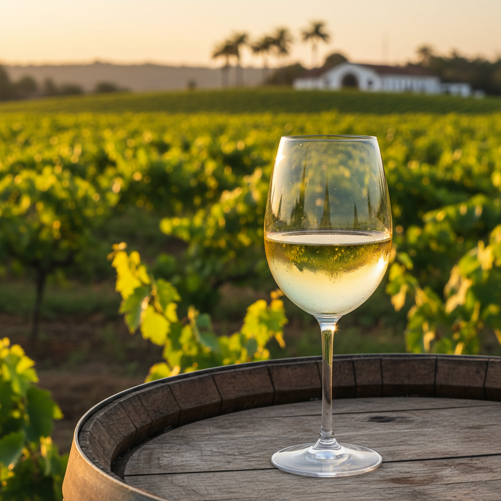 Taça elegante de vinho branco sobre mesa de madeira rústica, com um vinhedo brasileiro ensolarado e verdejante em segundo plano.