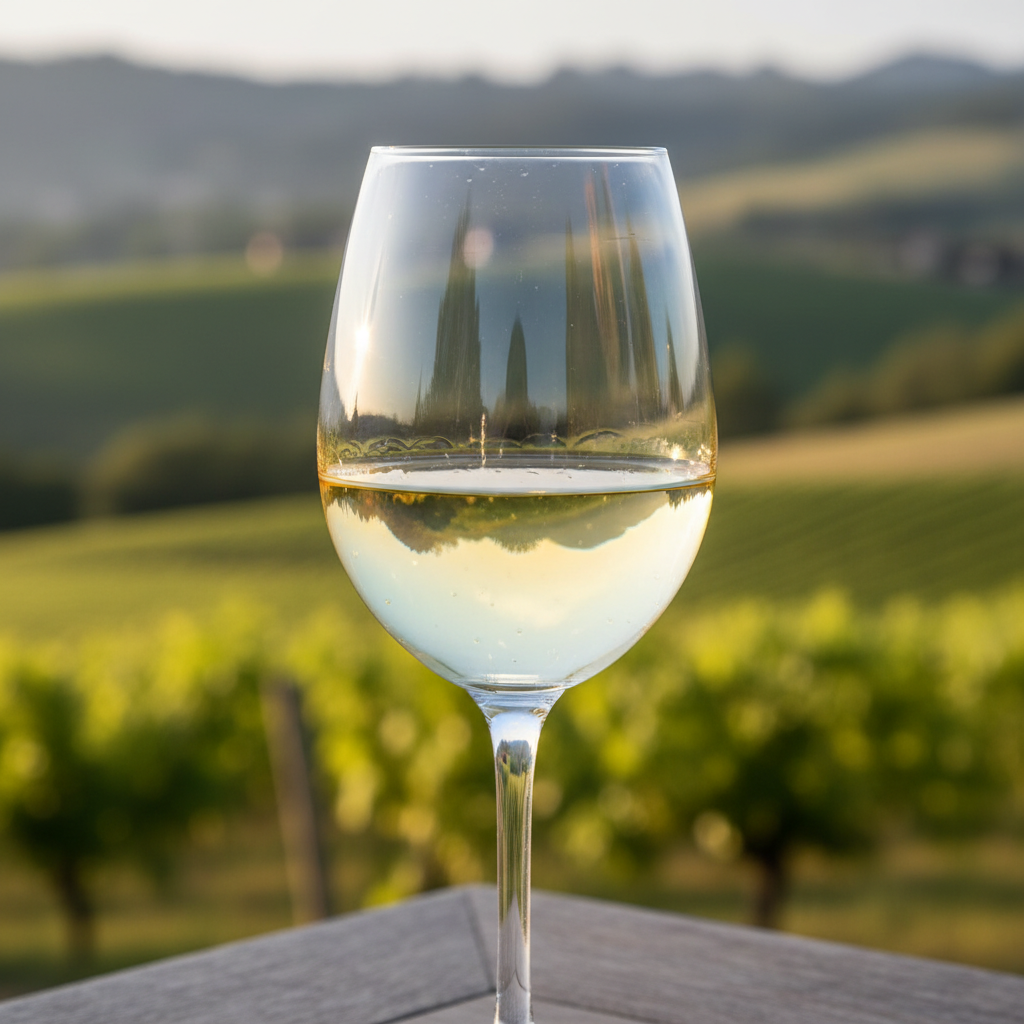 Taça de vinho branco doce e suave, com reflexos dourados, sobre uma mesa de madeira rústica, com um vinhedo iluminado pelo pôr do sol ao fundo.