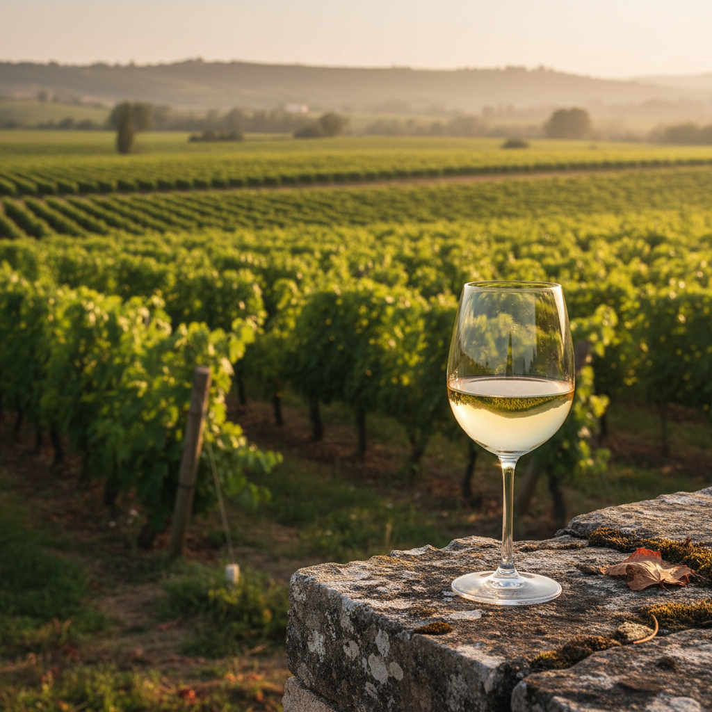 Taça de vinho branco libanês em um vinhedo do Vale do Bekaa, Líbano, sob a luz do pôr do sol, com montanhas ao fundo.