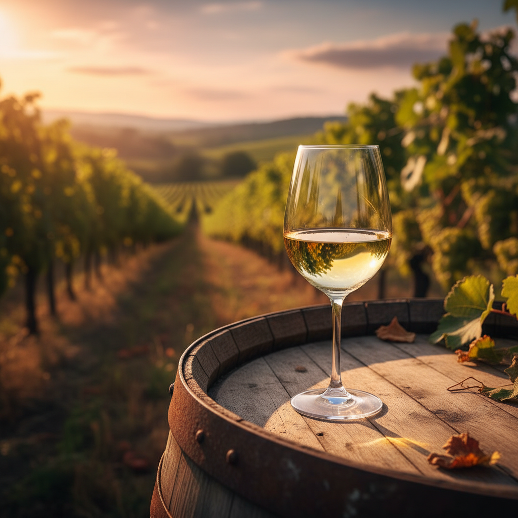 Taça de vinho branco natural sobre barril de madeira em vinhedo ensolarado, simbolizando pureza e conexão com a natureza.