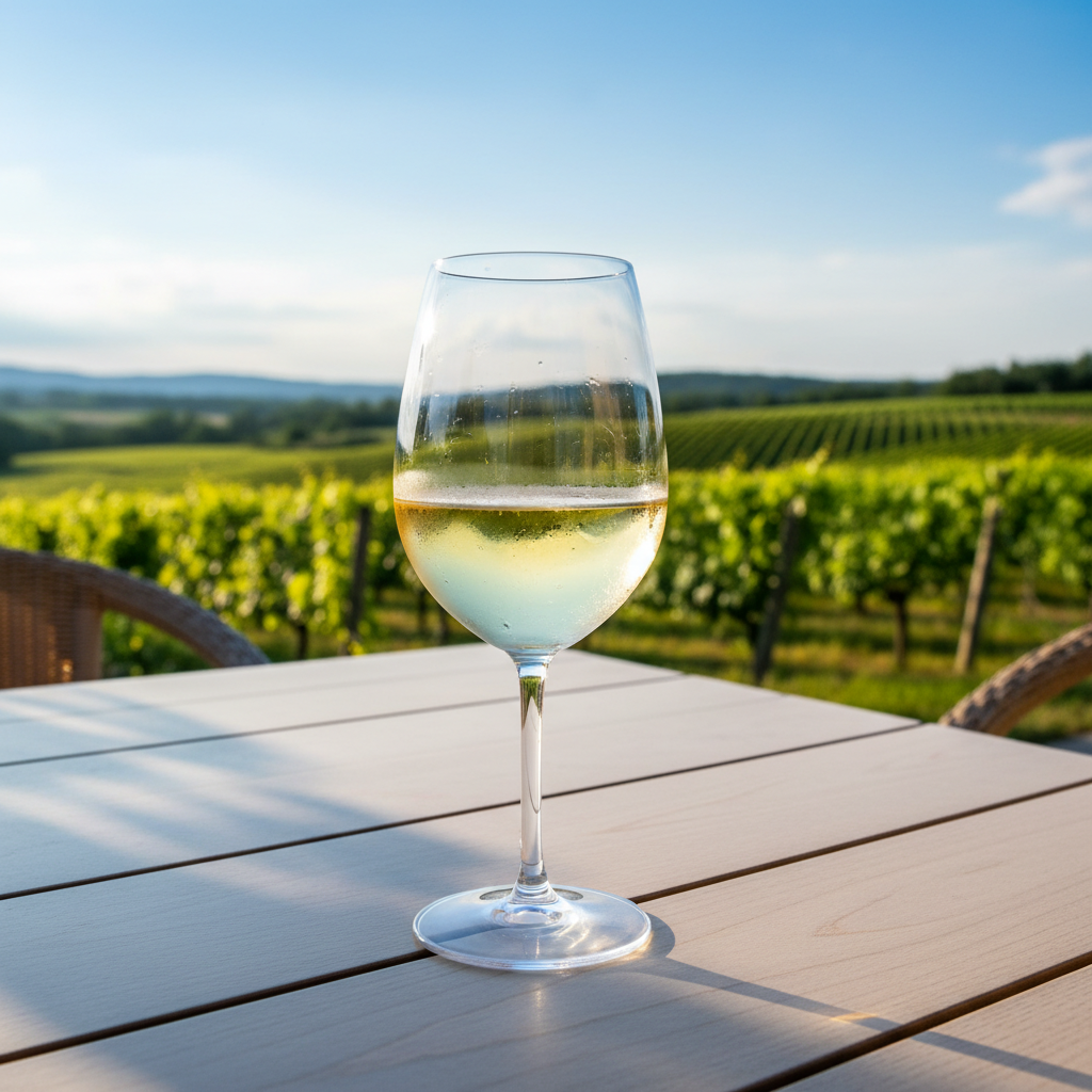 Taça de vinho branco gelado com fundo de vinhedo ensolarado no verão.