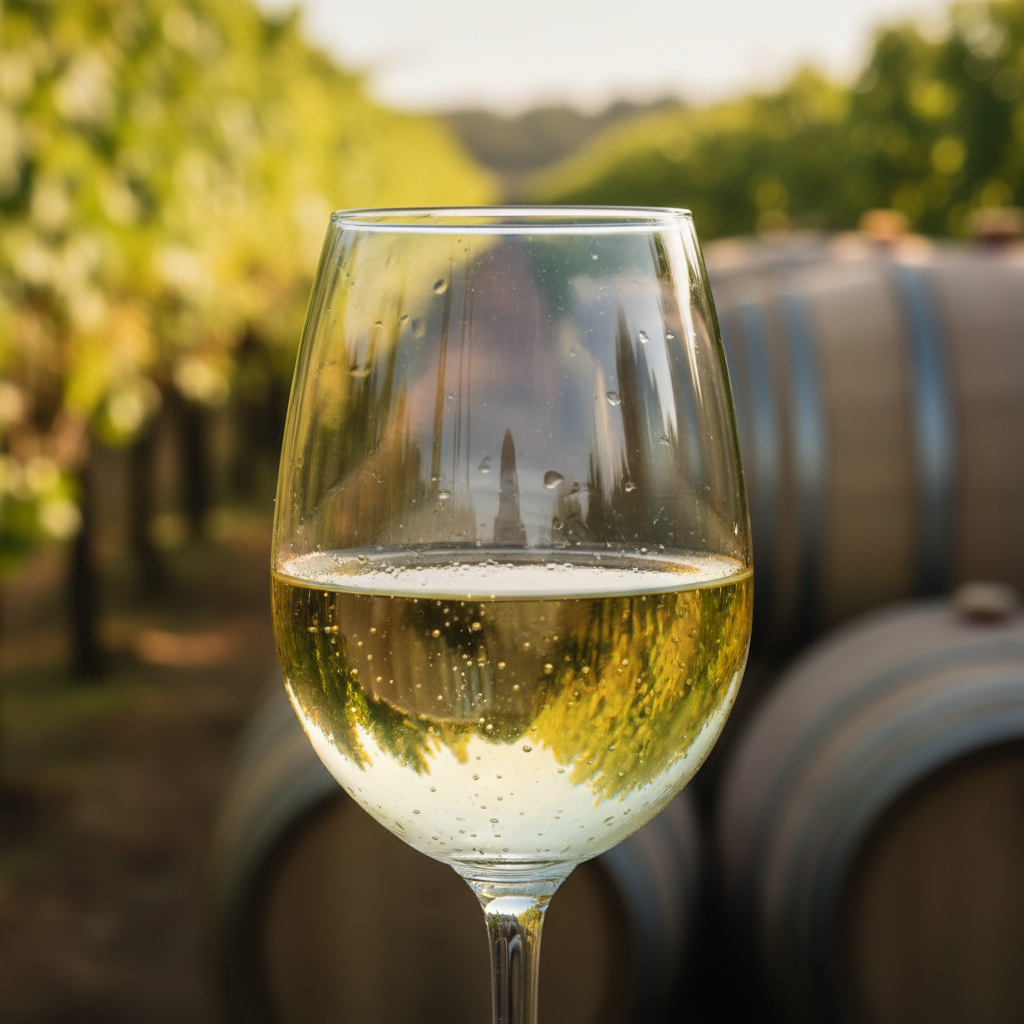 Taça de vinho branco seco e gelado, com gotas de condensação, em um ambiente de vinhedo ensolarado e sereno.