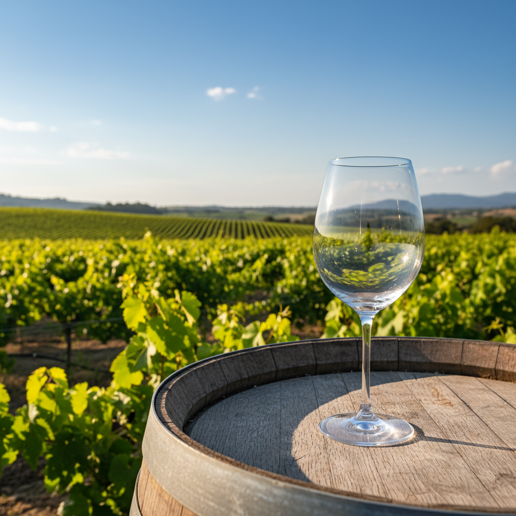 Vinhedo moderno em uma região vinícola do Novo Mundo com taça de vinho e barril de madeira.