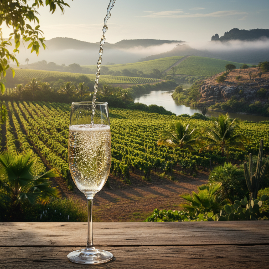 Taça de espumante brasileiro em primeiro plano, com um vinhedo tropical ensolarado e um vinhedo de altitude enevoado ao fundo, mostrando a diversidade dos terroirs do Brasil.