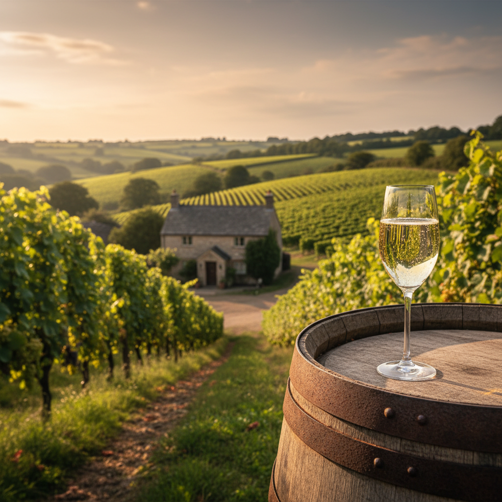 Vinhedo britânico ensolarado com vinhas verdes, um barril de madeira e uma taça de vinho espumante, simbolizando a qualidade dos vinhos do Reino Unido.