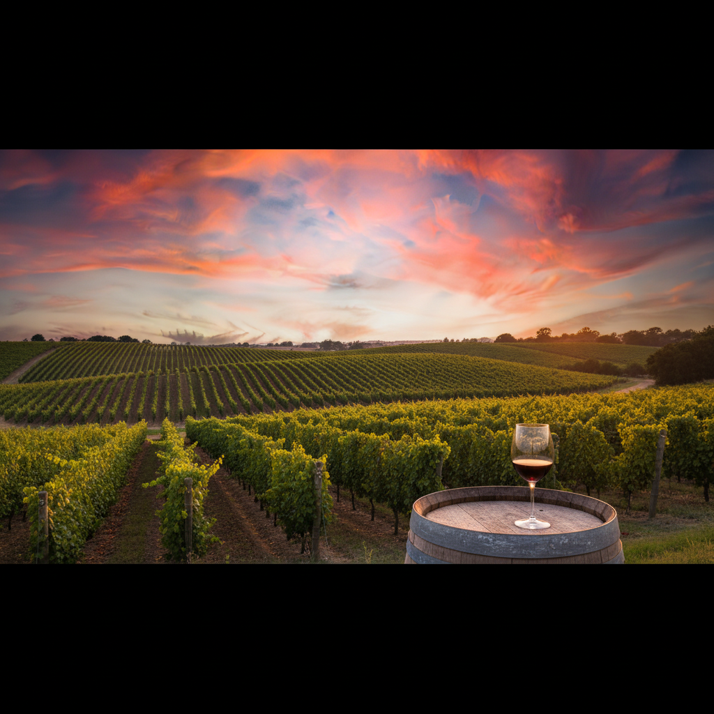 Vista panorâmica de um vinhedo californiano ao pôr do sol, com fileiras de videiras maduras em colinas suaves, um barril de vinho e uma taça no primeiro plano, sob um céu com tons dourados e roxos.