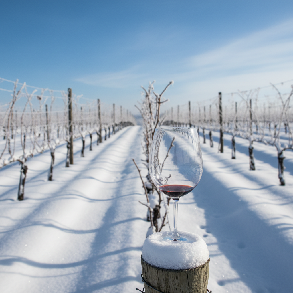 Vinhedo canadense coberto de neve no inverno, com vinhas dormentes e uma taça de vinho elegante em primeiro plano.