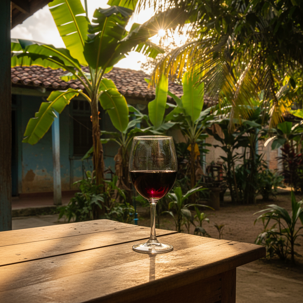 Taça de vinho tinto caseiro em uma mesa rústica, com vegetação tropical e uma casa tradicional cubana ao fundo, evocando a atmosfera das pequenas produções locais.