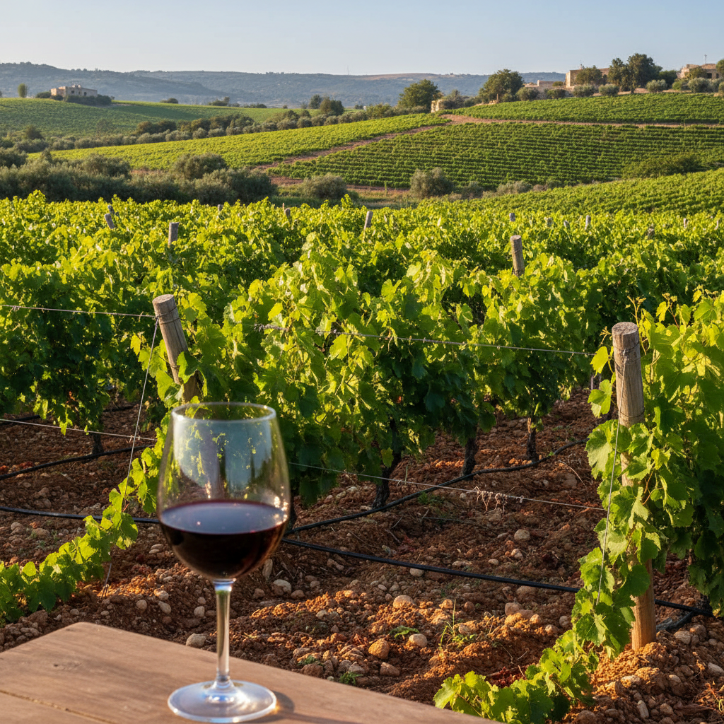 Vinhedo exuberante em Chipre ao pôr do sol, com linhas de irrigação sustentáveis e uma taça de vinho tinto em primeiro plano, representando a fusão de tradição, inovação e sustentabilidade na viticultura cipriota.