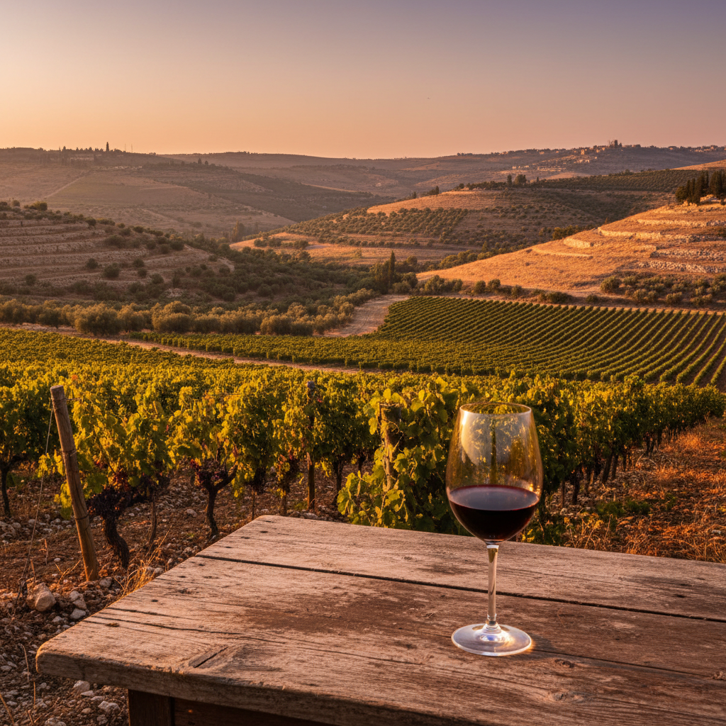 Vinhedo nas Colinas da Judeia ao pôr do sol com uma taça de vinho tinto em primeiro plano, destacando a paisagem histórica e vinícola de Israel.
