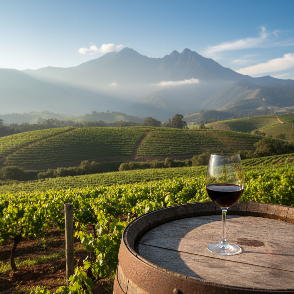 Vinhedo colombiano em alta altitude com taça de vinho tinto sobre um barril de madeira, simbolizando a produção de vinhos na Colômbia.
