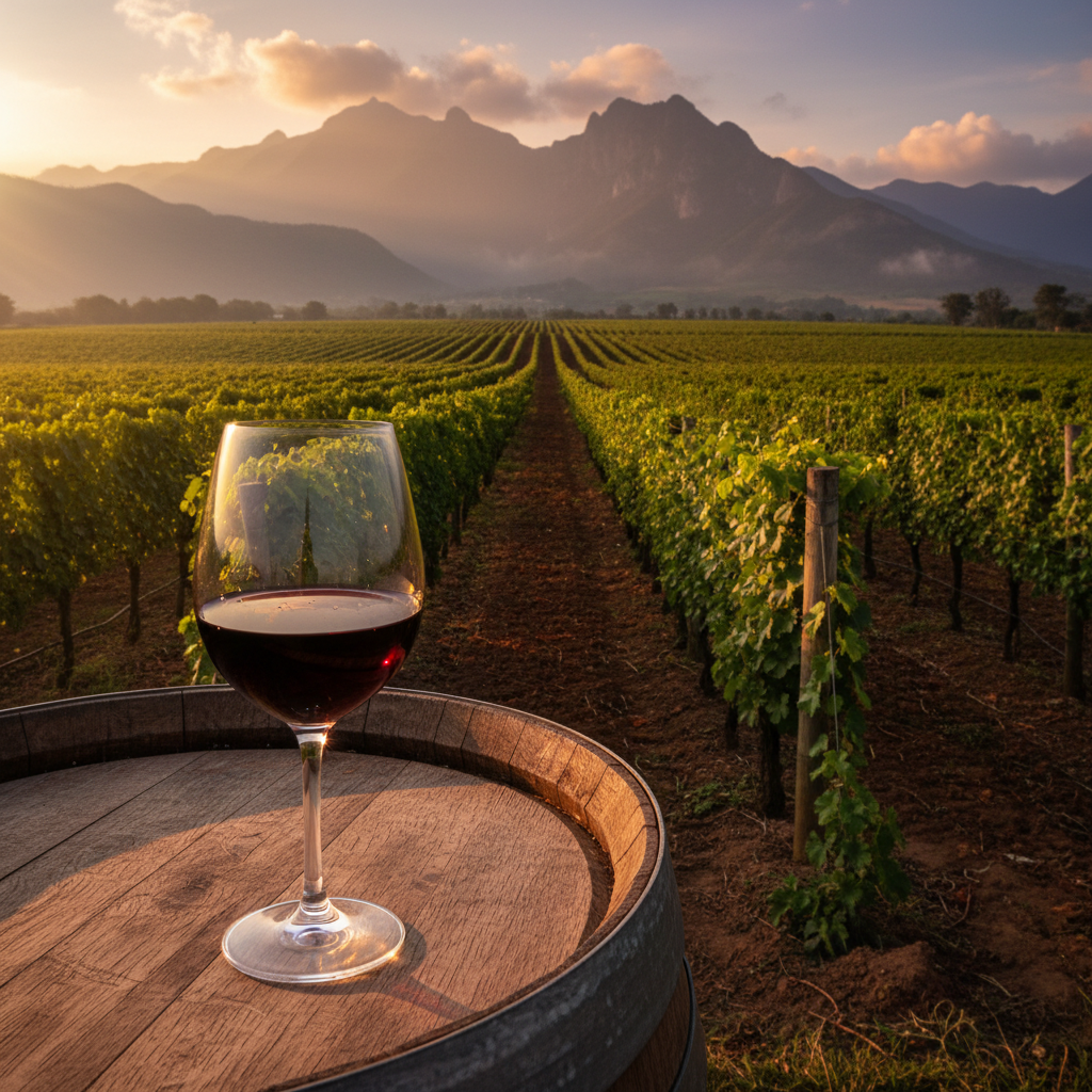 Vinhedo montanhoso na Colômbia ao entardecer, com taça de vinho tinto sobre barril de carvalho, simbolizando a ascensão do vinho colombiano.