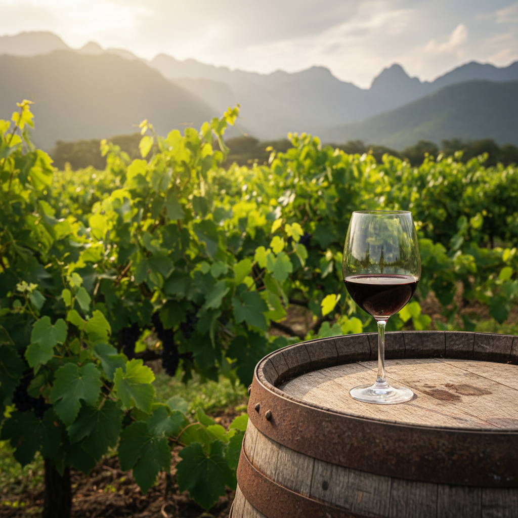 Vinhedo exuberante na Colômbia, com montanhas ao fundo, e uma taça de vinho tinto sobre um barril de carvalho sob o sol equatorial.
