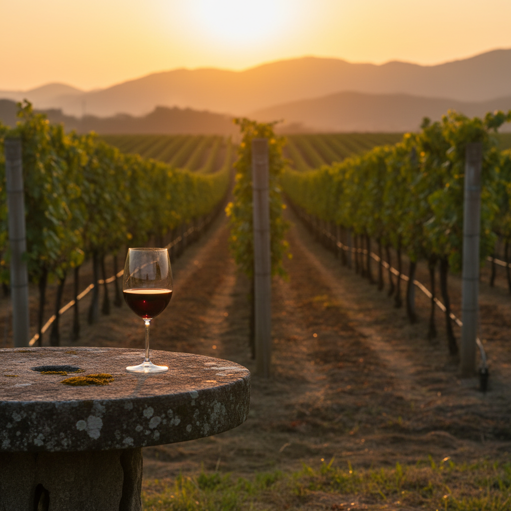 Vinhedo tradicional coreano ao pôr do sol, com taça de vinho tinto sobre mesa de pedra, simbolizando a união de uvas exclusivas e técnicas milenares.