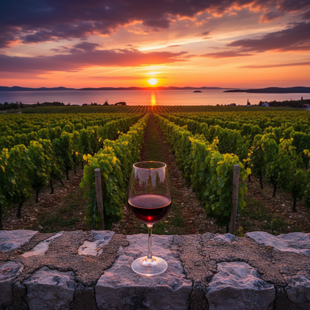Taça elegante de vinho tinto em uma mureta de pedra, com um vinhedo croata exuberante e o Mar Adriático ao fundo, sob a luz dourada do pôr do sol.