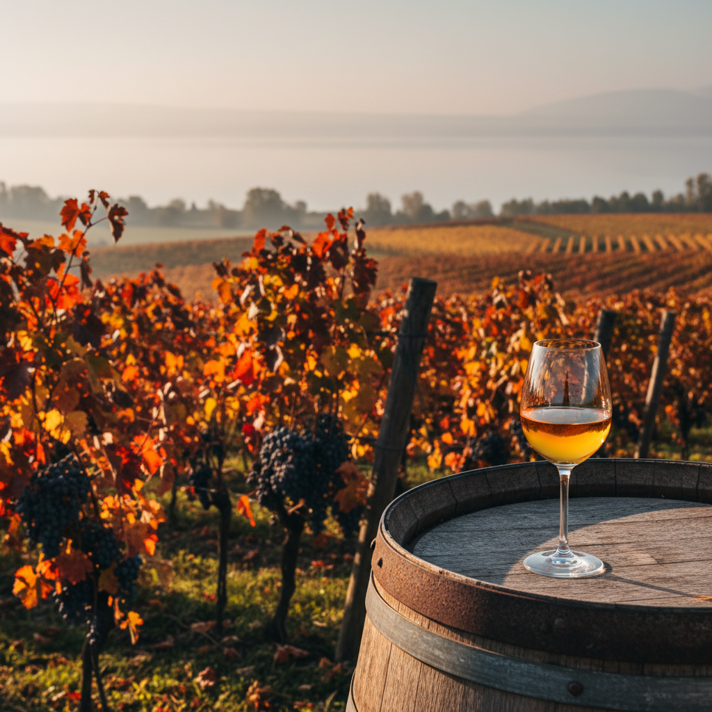 Vinhedo de Neusiedlersee na Áustria durante o outono, com uvas douradas de botrytis e um copo de vinho doce em um barril, com o Lago Neusiedl ao fundo sob a luz do pôr do sol.