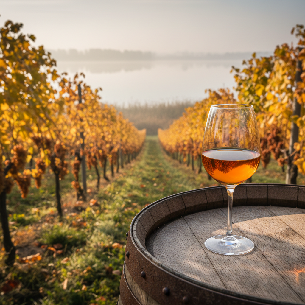 Vinhedo dourado no outono em Neusiedlersee, Áustria, com uvas afetadas por botrytis. Uma taça de vinho doce dourado sobre um barril de carvalho, com o lago ao fundo.