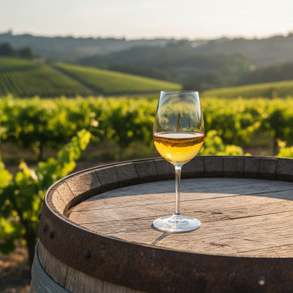Taça de vinho doce dourado sobre barril de madeira em vinhedo ensolarado, simbolizando a riqueza e acessibilidade do vinho.