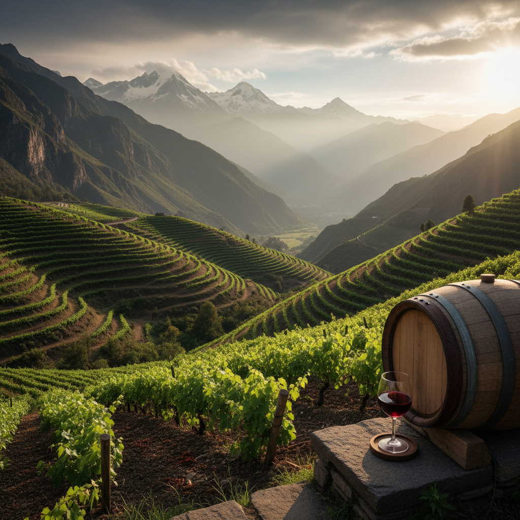 Vinhedo de altitude extrema nos Andes equatorianos, com parreiras e um barril de vinho em meio à paisagem montanhosa.