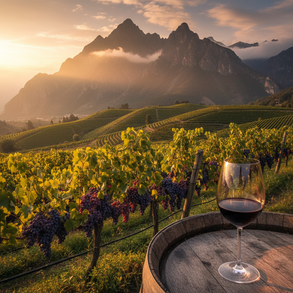 Vinhedo de alta altitude nos Andes equatorianos ao pôr do sol, com vinhas verdes e uvas maduras. Uma taça de vinho tinto repousa sobre um barril de madeira, com as montanhas majestosas ao fundo.