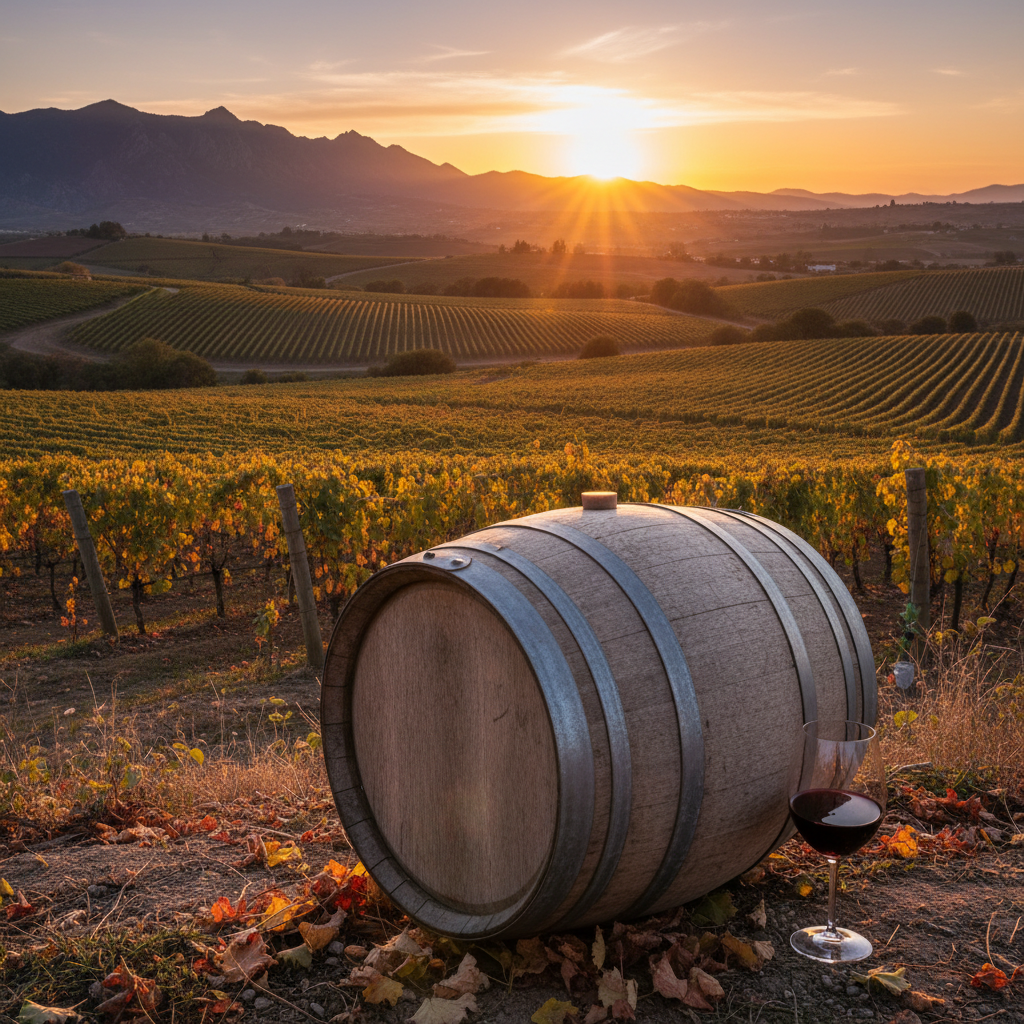 Vinhedos exuberantes na Europa Central ao pôr do sol, com um barril de vinho de madeira e uma taça de vinho tinto, simbolizando a rica tradição vinícola da Eslováquia, Áustria e Hungria.