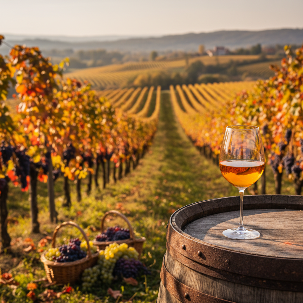 Vinhedo esloveno ensolarado no outono com um copo de vinho laranja sobre um barril de madeira, destacando a beleza da região e a singularidade dos seus vinhos.
