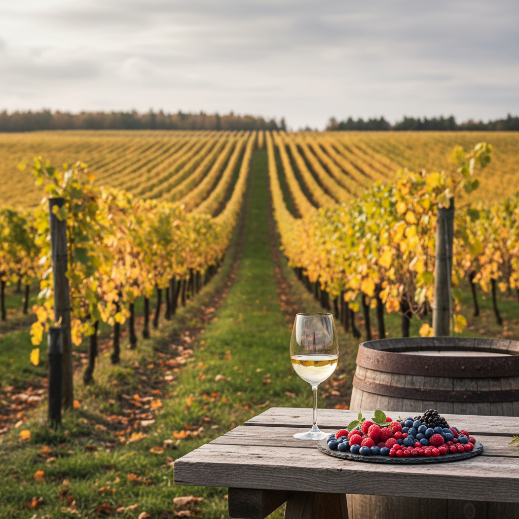 Vinhedo estónio no outono com uvas e bagas frescas, taça de vinho e barril de carvalho, simbolizando a diversidade dos vinhos da Estónia.