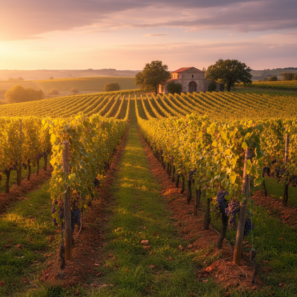 Vinhedos ensolarados na Europa Oriental, com fileiras de videiras e uma paisagem pitoresca ao fundo.