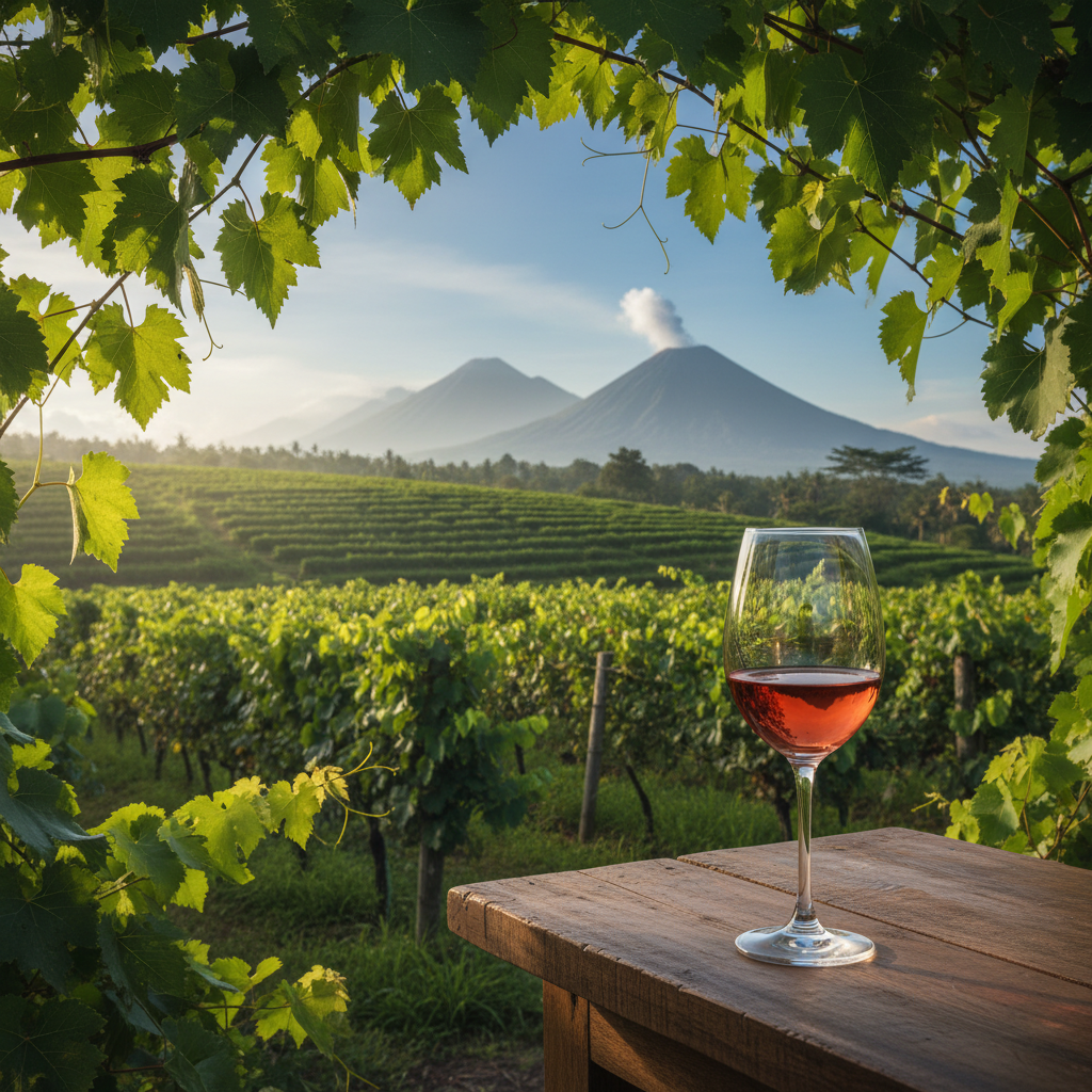 Vinhedo tropical na Indonésia com montanhas vulcânicas ao fundo e uma taça de vinho tinto claro em uma mesa de madeira rústica, refletindo o ambiente exuberante.