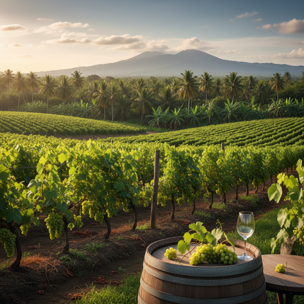 Vinhedo exuberante nas Filipinas com parreiras verdes e folhagem tropical, sob um céu ensolarado, com um barril de carvalho ao fundo.