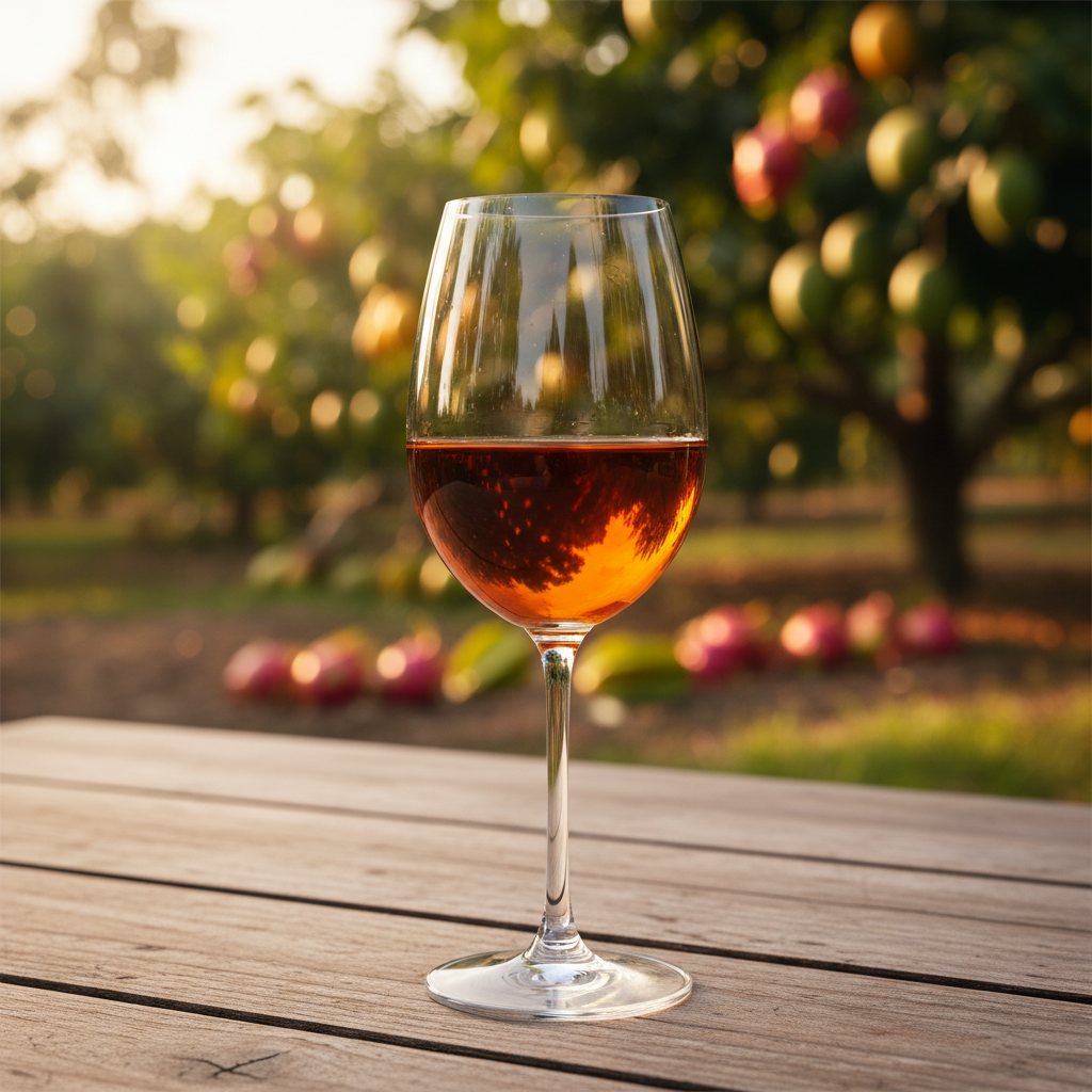 Taça de vinho de fruta filipino com tonalidade âmbar em uma mesa rústica, com um exuberante pomar tropical ao fundo, sob luz solar.