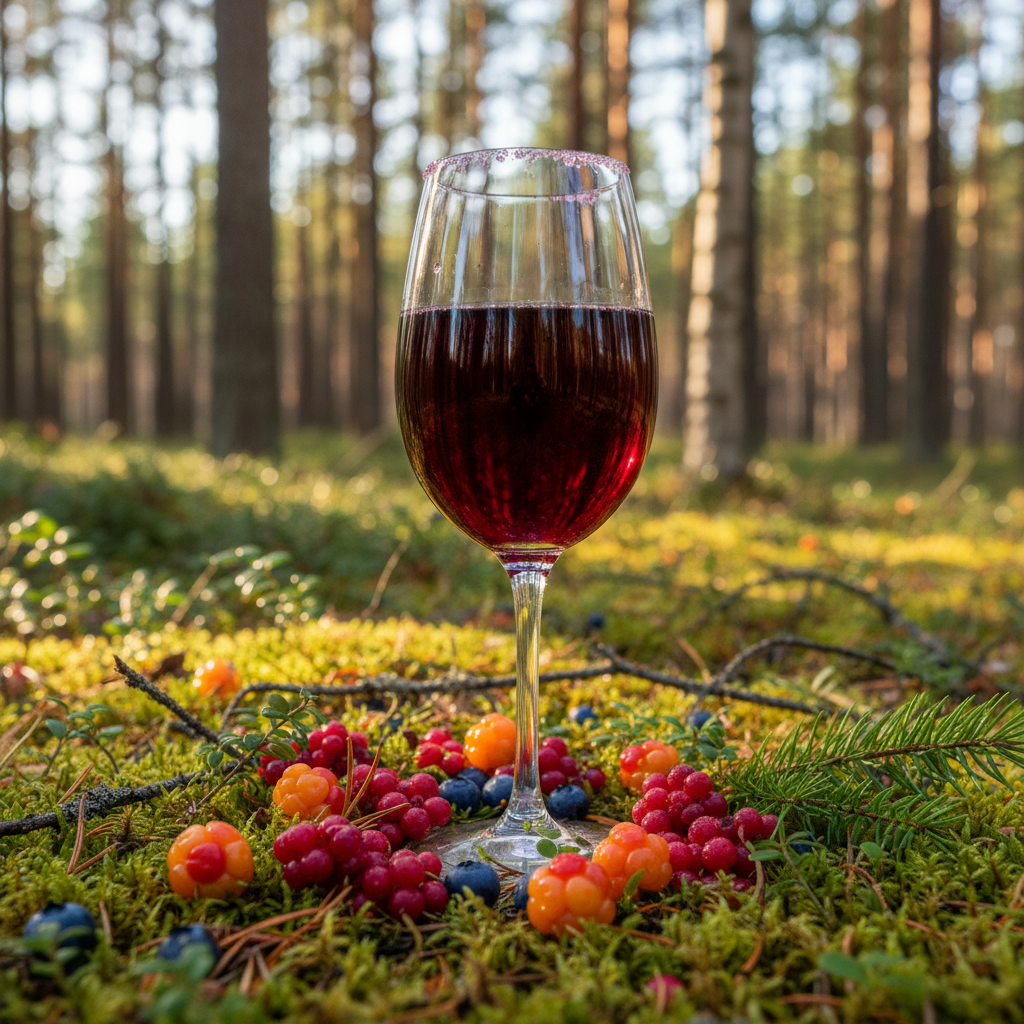 Taça de vinho de fruta finlandês rodeada por frutas silvestres nórdicas frescas e musgo, sob luz natural em uma floresta.
