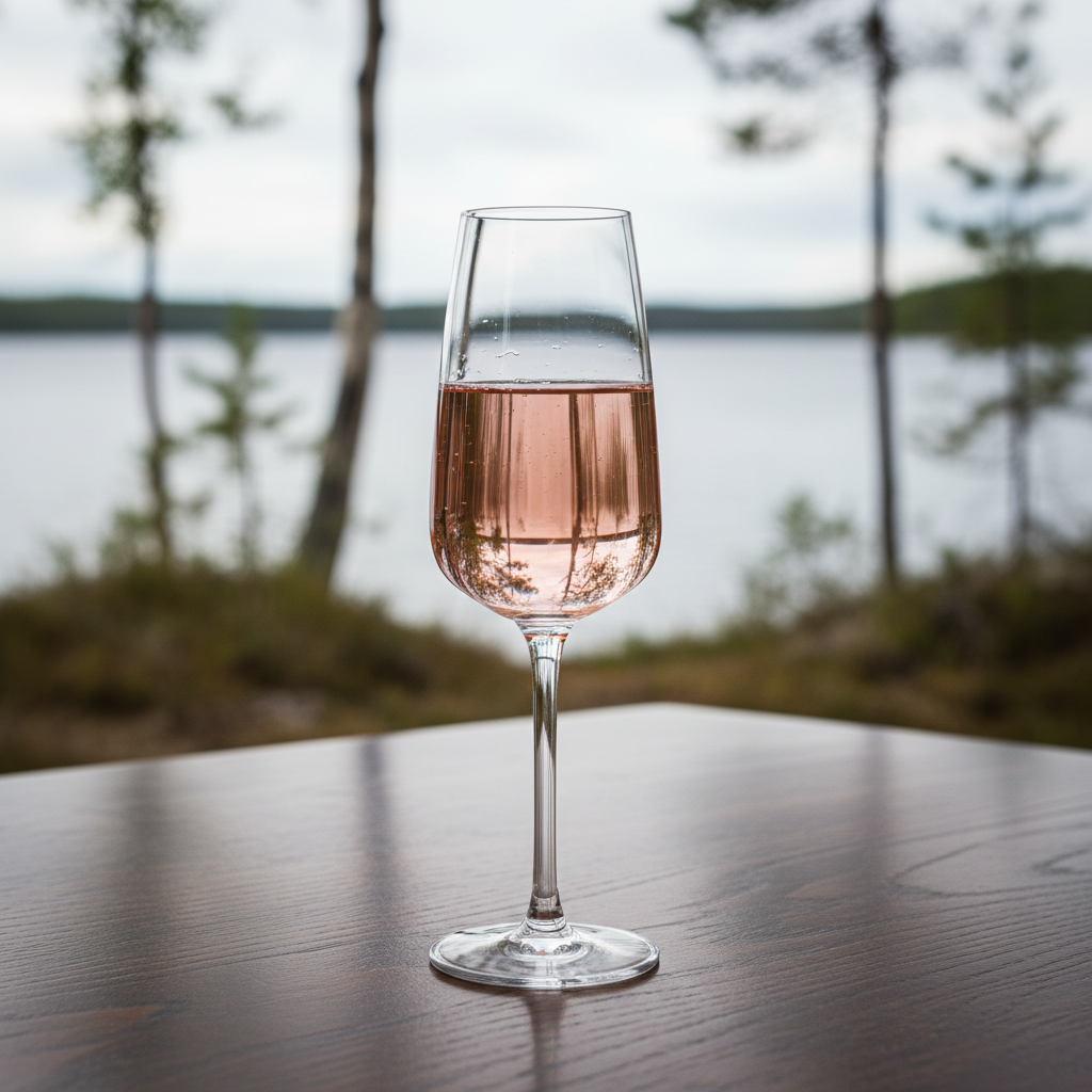 Taça de vinho singular, de cor clara, repousando sobre uma superfície de madeira polida, com um fundo desfocado de uma paisagem natural finlandesa, como uma floresta ou lago sereno.