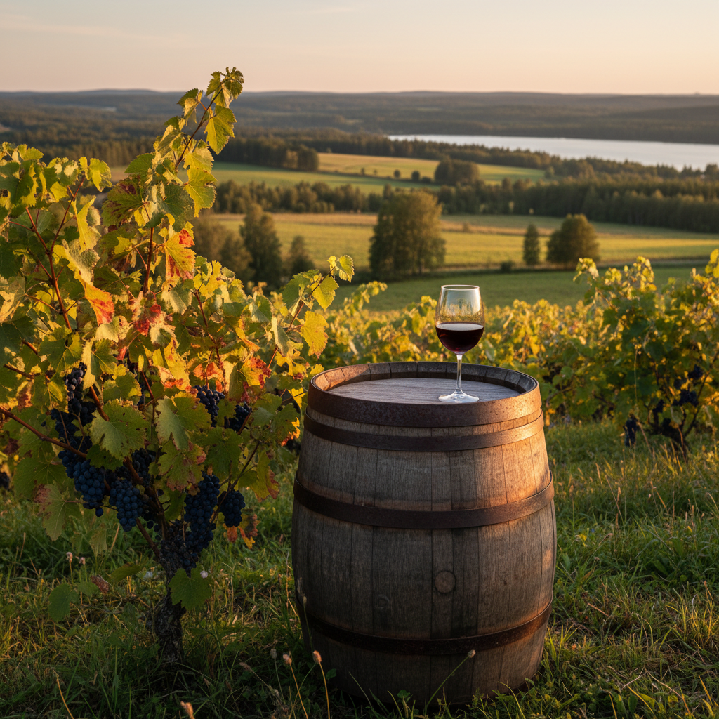 Vinhedo artesanal na Finlândia, com uvas resistentes ao frio, um barril rústico e uma taça de vinho, sob a luz suave do sol nórdico, simbolizando a produção sustentável.