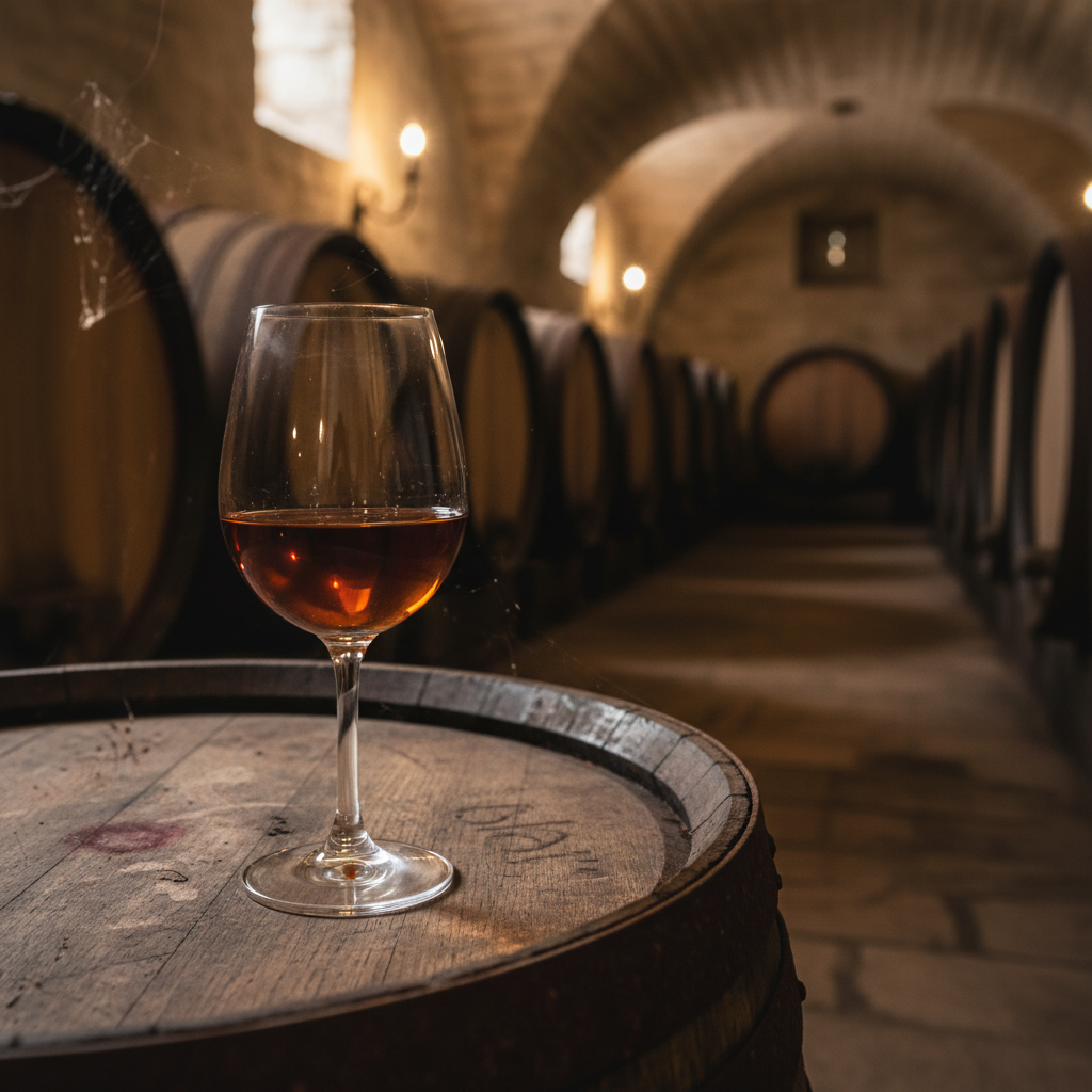 Taça de vinho fortificado em um barril de carvalho dentro de uma adega escura, com outros barris ao fundo.