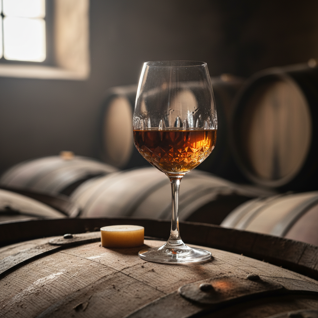Taça de vinho fortificado de cor âmbar sobre um barril de carvalho em adega portuguesa tradicional, sob luz suave.