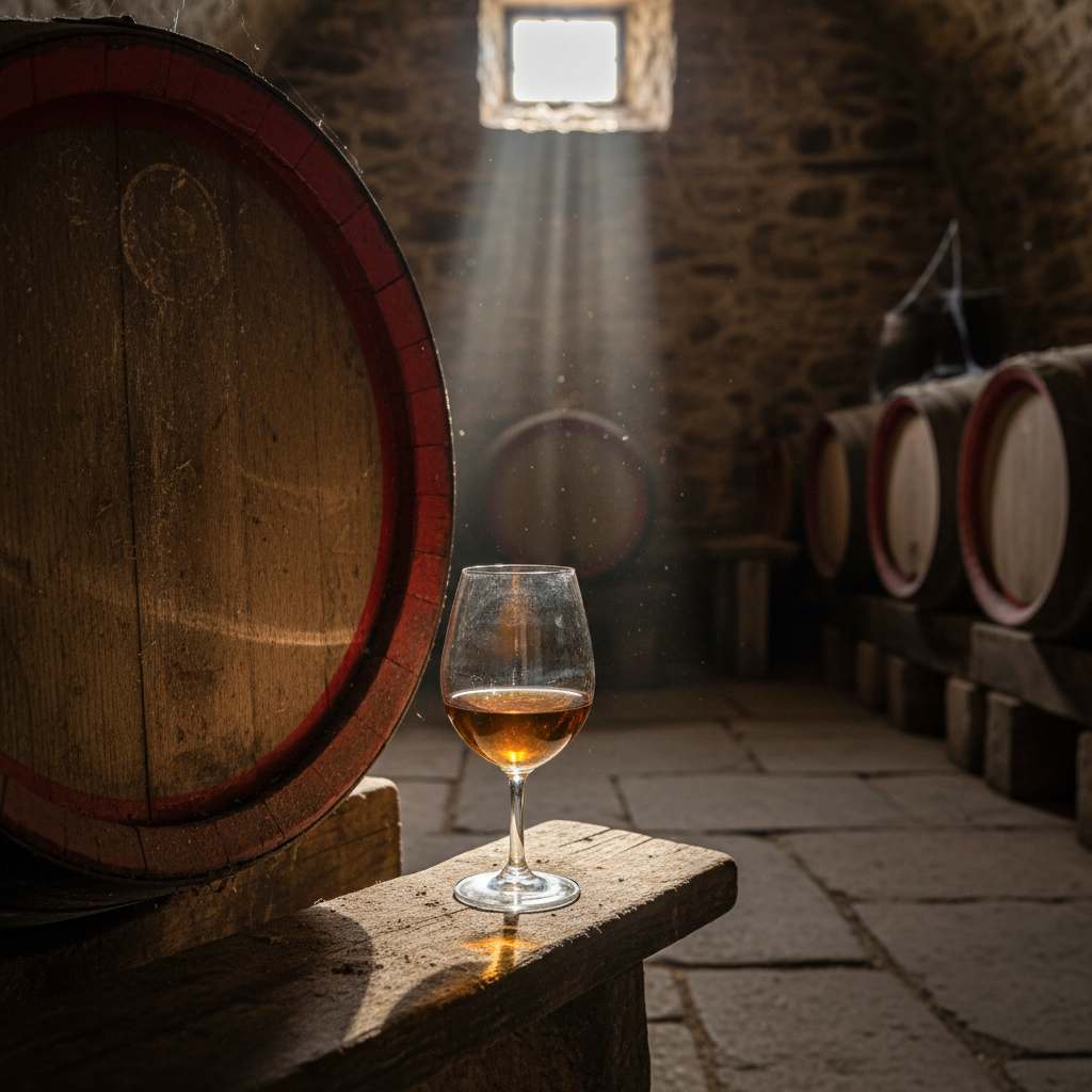 Barril de carvalho antigo em adega escura com um copo de vinho fortificado âmbar, transmitindo a atmosfera de envelhecimento.