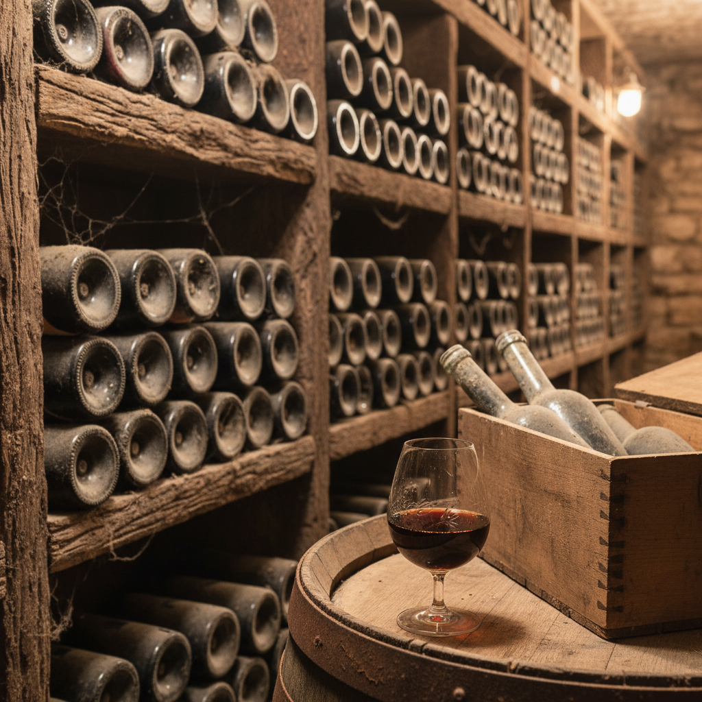 Adegas históricas com garrafas empoeiradas de vinhos fortificados raros e uma taça de vinho âmbar, evocando luxo e longevidade.