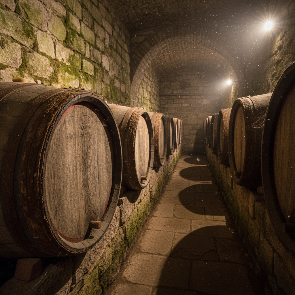 Barricas de vinho antigas em uma adega histórica da Massandra, Ucrânia, com iluminação suave realçando a profundidade e o legado da vinícola.