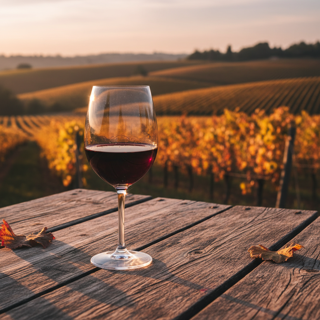 Taça de vinho tinto sobre uma mesa rústica de madeira, com um vinhedo francês exuberante ao fundo sob a luz dourada do pôr do sol.