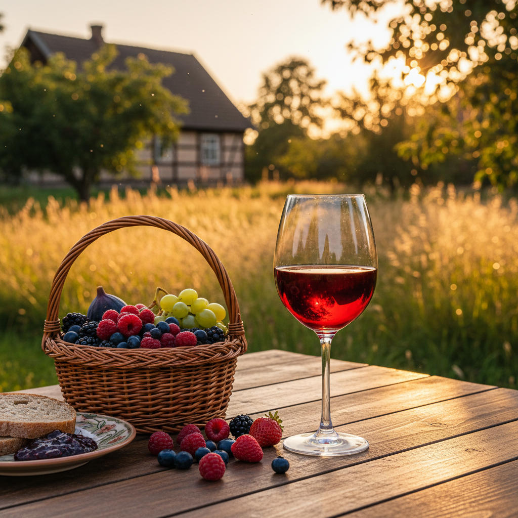 Taça de vinho de fruta letão em mesa de madeira rústica com frutas frescas e cenário de pomar ao pôr do sol.