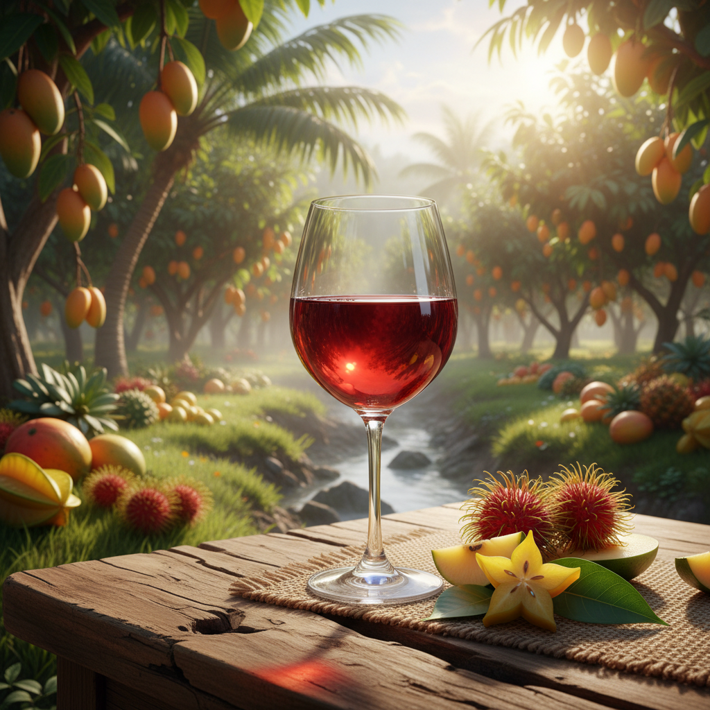 Taça de vinho de fruta vibrante em mesa de madeira rústica, com pomar tropical de El Salvador ao fundo, destacando a inovação e o frescor.