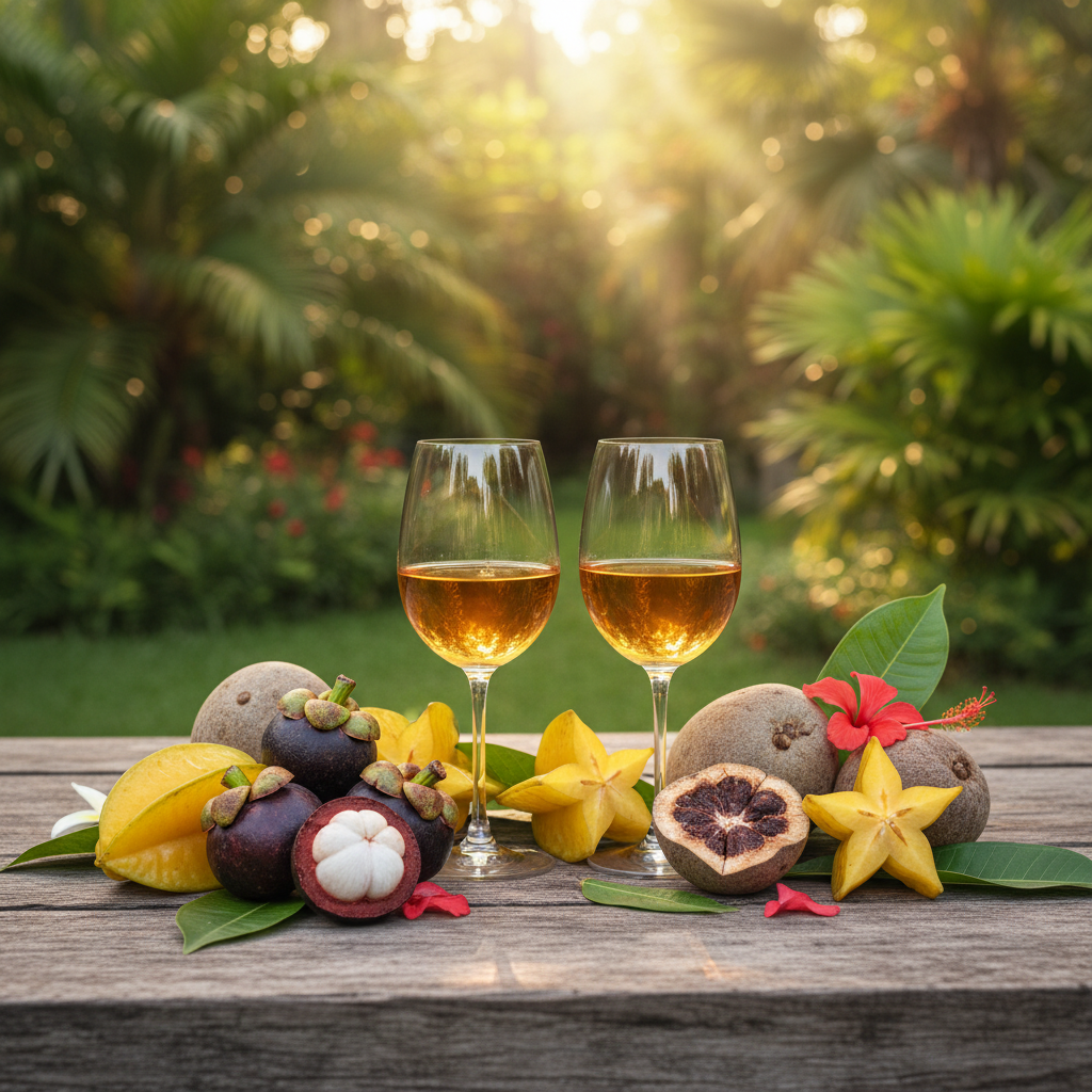 Taças de vinho de fruta exótico do Sri Lanka em uma mesa rústica, cercadas por frutas tropicais como mangostão e carambola, em um jardim exuberante.