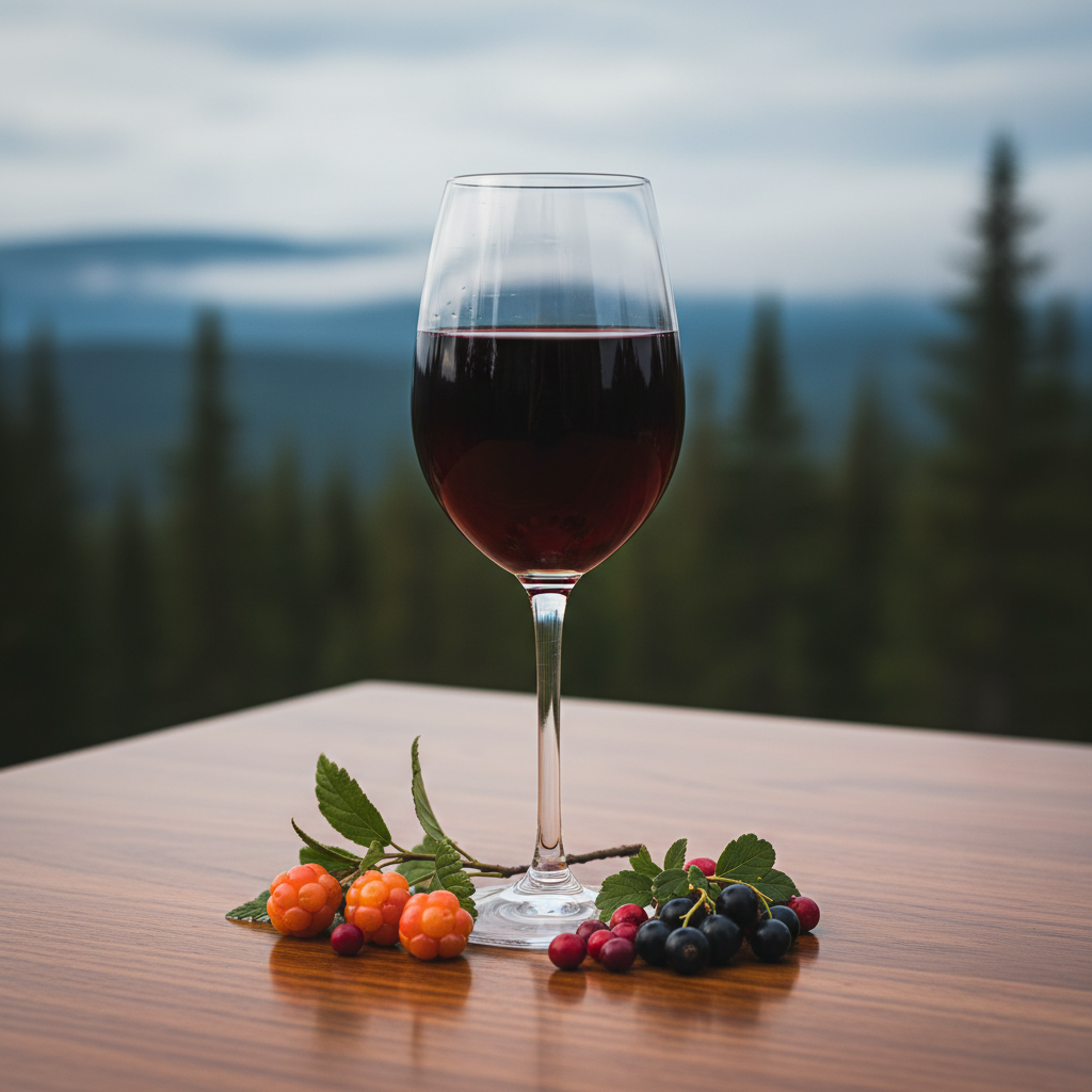 Taça de vinho de fruta norueguês de cor rubi profundo, com frutos silvestres frescos e montanhas norueguesas ao fundo.