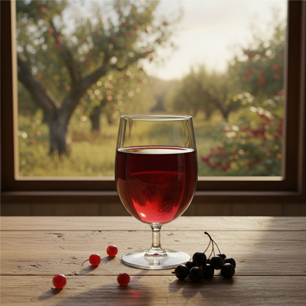 Taça de vinho de fruta lituano em mesa rústica, com frutas e bagas desfocadas ao fundo.