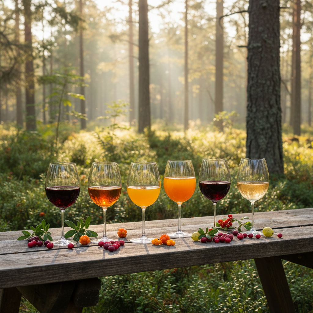 Taças de vinhos de frutas nórdicos com cores vibrantes em uma mesa de madeira rústica, com um fundo desfocado de floresta finlandesa e arbustos de frutas vermelhas.